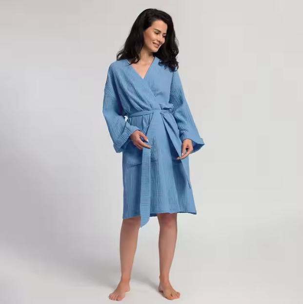 100% Cotton crinkled crepe bathrobe Home Hotel night-gown White Egyptian 100 Cotton Robe