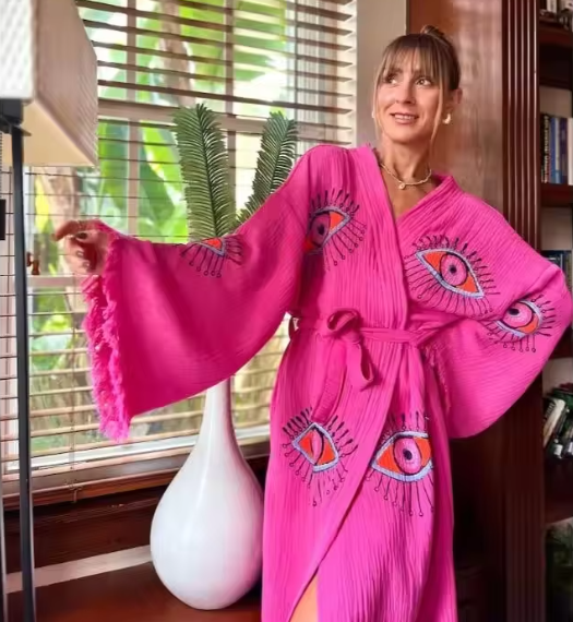 Luxurious 100% Cotton Robe Full Sleeve Beautiful Hand Embroidered Work Solid Pink Color Front Open Plus Size Resort Wear