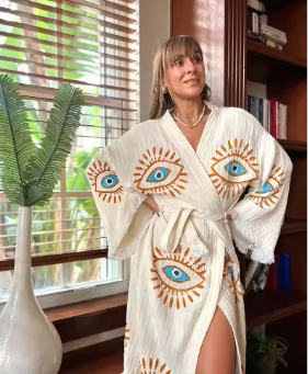 Luxurious 100% Cotton Robe Full Sleeve Beautiful Hand Embroidered Work Solid Pink Color Front Open Plus Size Resort Wear