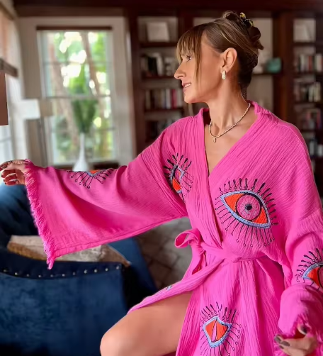 Luxurious 100% Cotton Robe Full Sleeve Beautiful Hand Embroidered Work Solid Pink Color Front Open Plus Size Resort Wear