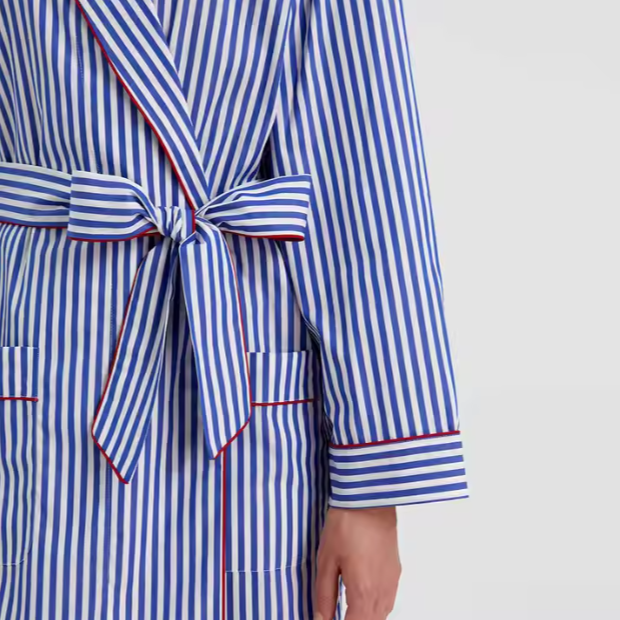 Hot Sale Ladies Luxurious Cotton Sleepwear Classic Blue White Striped Printed Long Robe Women Comfortable Bathrobe Dressing Gown
