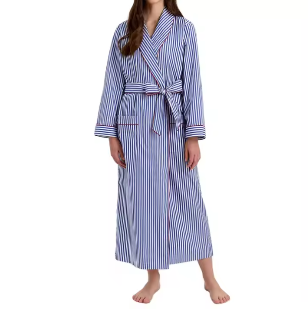 Hot Sale Ladies Luxurious Cotton Sleepwear Classic Blue White Striped Printed Long Robe Women Comfortable Bathrobe Dressing Gown