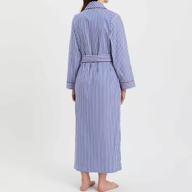 Hot Sale Ladies Luxurious Cotton Sleepwear Classic Blue White Striped Printed Long Robe Women Comfortable Bathrobe Dressing Gown