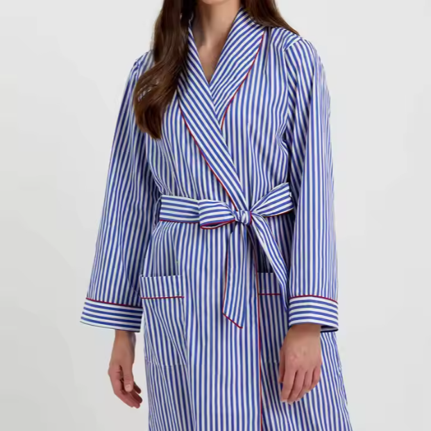 Hot Sale Ladies Luxurious Cotton Sleepwear Classic Blue White Striped Printed Long Robe Women Comfortable Bathrobe Dressing Gown