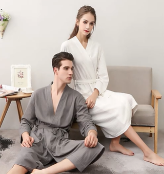 Couple bathrobe Summer thin style women solid color Waffle V-neck cardigan sleeve bathrobe home dress for men