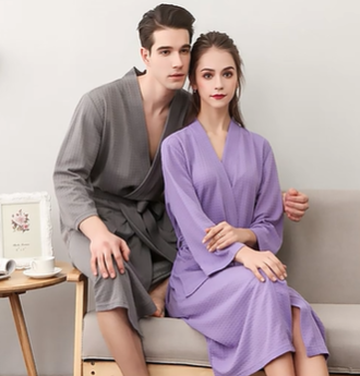 Couple bathrobe Summer thin style women solid color Waffle V-neck cardigan sleeve bathrobe home dress for men