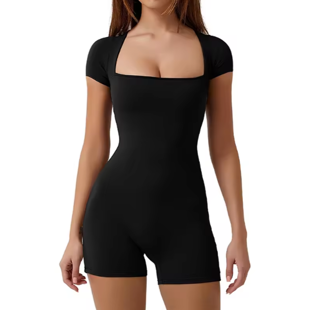 New Summer Custom One Piece Yoga Bodysuit Women Short Sleeve Fitness Jumpsuit Rompers Biker Short Sport Outfit Women Jumpsuit